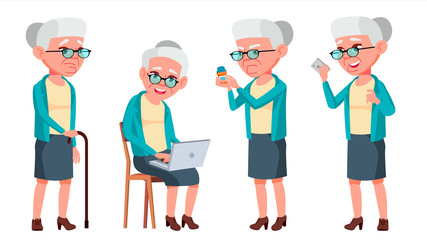 Old Woman Poses Set Vector. Elderly People. Senior Person. Aged. Caucasian Retiree. Smile. Web, Poster, Booklet Design. Isolated Cartoon Illustration