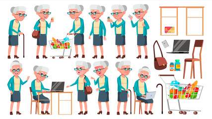 Old Woman Poses Set Vector. Elderly People. Senior Person. Aged. Cute Retiree. Activity. Advertisement, Greeting, Announcement Design. Isolated Cartoon Illustration