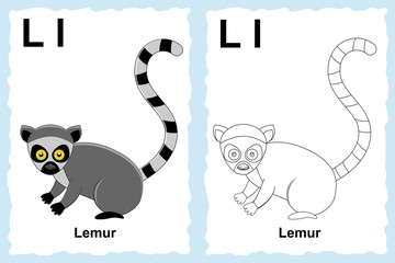 alphabet coloring book page with outline clip art to color. Letter L. Lemur. © budolga