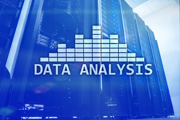 Big Data analysis text on server room background. Internet and modern technology concept.