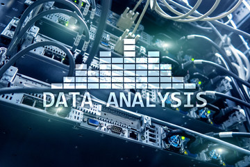 Big Data analysis text on server room background. Internet and modern technology concept.