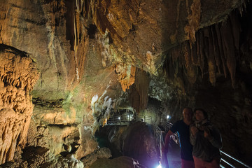 Rock formations of stalactites and stalagmites inside the cave of "Su Mannau" in Fluminimaggiore in Sardinia, Italy.