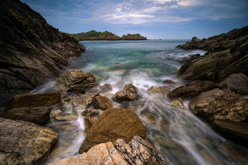 Obraz premium Rocks on the coast of Bretagne in France. Long exposure