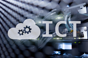 ICT - information and communications technology concept on server room background.