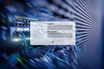 Server room, login and password request, data access and security.