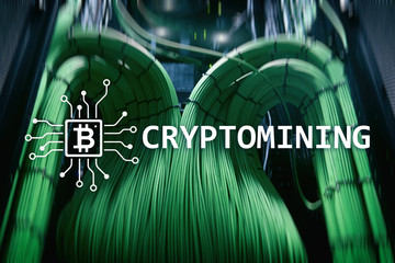 Cryptocurrency mining concept on server room background.