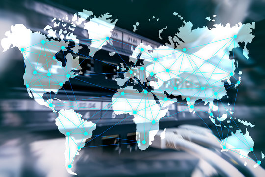 Internet and telecommunication concept with world map on server room background. - Powered by Adobe
