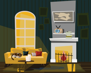 cat in living room vector illustration