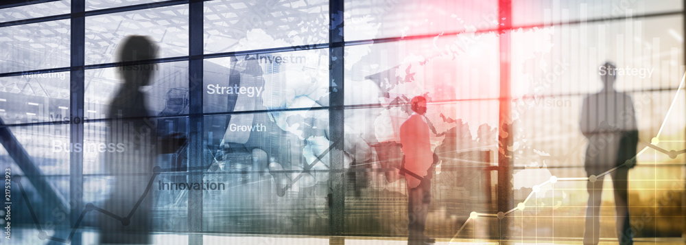 Wall mural business abstract background double exposure graph, chart and diagram. world wide map and. global bu