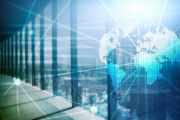 Double exposure mixed media. 3D Earth planet hologram and communication structure. World wide network and globalization concept.