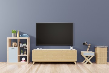 Tv on cabinet with blank screen stick on the dark wall in modern living room,minimal designs, 3d rendering