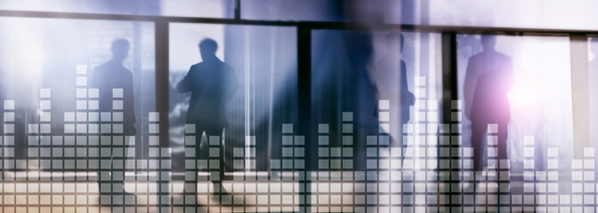 Obraz premium Financial chart on blurred skyscraper office background.