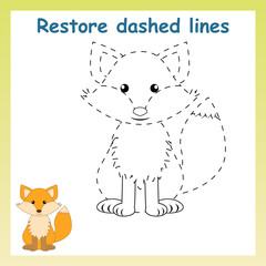 Trace game for children.Cartoon fox. Restore dashed line