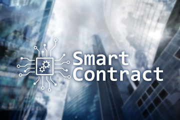 Smart contract, blockchain technology in business, finance hi-tech concept. Skyscrapers background.