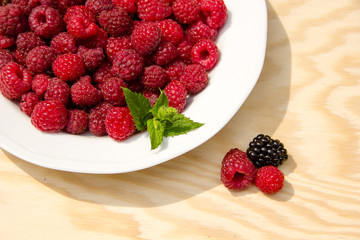 Red and delicious raspberries with mint in a white bowl