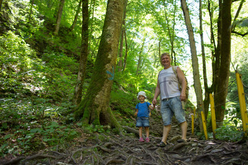 Family walking in a forest