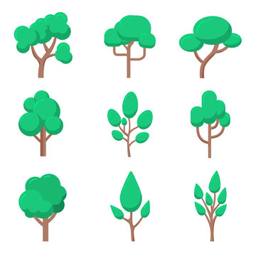 Set of tree illustrations in flat style isolated on white background. Design element for presentation, poster, banner, web page, flyer.