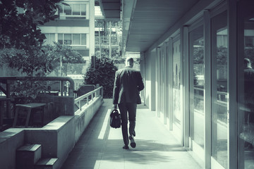 back view of businessman on the road, cold tone image of walking man with bag
