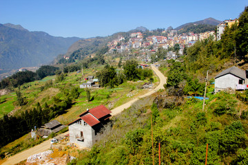 Scenic view of the town Sa Pa in Vietnam with one street or path leading inside
