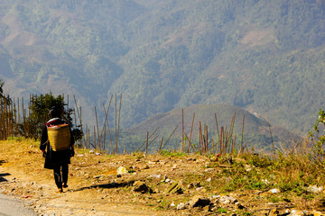 Hmong hill tribe person using a traditionally basket as backpack to carry things in it that can be sold at the market in the city of Sa Pa, Vietnam, walking on the street