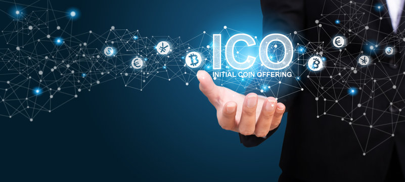 Businesswoman showing ICO, Initial Coin Offering. ICO Initial Coin Offering Business Internet Technology Concept
