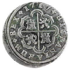 Ancient Spanish silver coin of the King Felipe V. 1717. Coined in Madrid. 2 reales. Reverse.