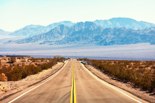 View from the Route 66, Mojave Desert, Southern California, United States.