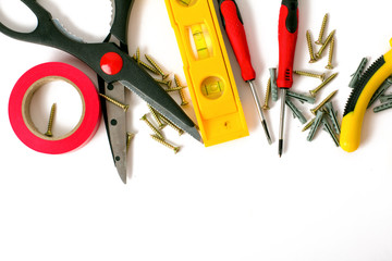 Variery of working tools for construction and repairing. White background