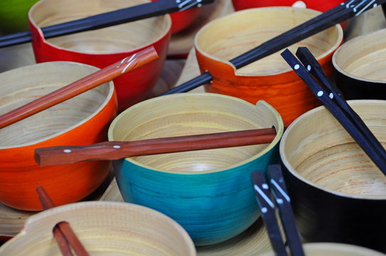 Colorful bowls made of bamboos in Vietnam