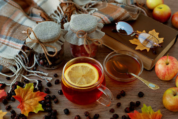 Tea for a healthy diet in cold weather. Tea with kalina, currant, honey, lemon and dried rosehip to create autumn coziness. Therapeutic tea and maple leaves in the autumn season.