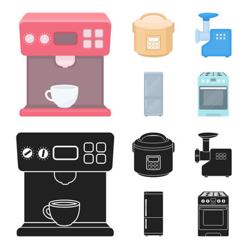 Multivarka, refrigerator, meat grinder, gas stove.Household set collection icons in cartoon,black style vector symbol stock illustration web.