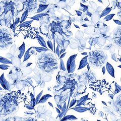Naklejka premium Watercolor pattern with peony flowers and orchids. 