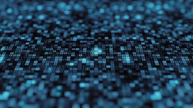 Information technology visualization hacker attack on big data cloud storage application server with blue flickering digital data abstract scientific calculations dolly shot seamless loop animation