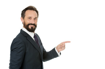 Man concept. Man pointing finger isolated on white. Bearded man in formal wear. Happy man with beard and mustache. Look at that, copy space