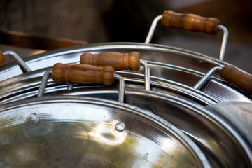 iron pans at market stall in bazar of sanliurfa, turkey