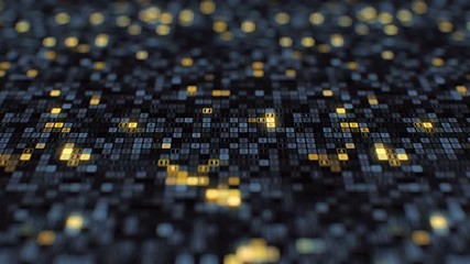 Digital data streaming blue gold flickering digitalization series futuristic abstract information technology artificial intelligence computer generated seamless loop animation dolly shot