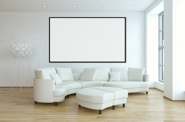 Obraz na płótnie Canvas Modern bright interiors apartment with mockup poster frame 3D rendering illustration