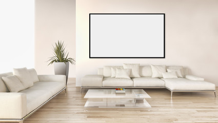 Modern bright interiors apartment with mockup poster frame 3D rendering illustration