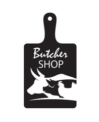 monochrome butcher shop emblem of kithen cutting board, pig, cow and chicken