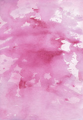 Pink watercolor background. Pink stains aquarelle wallpaper. Hand painted bright pink abstract art