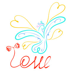 The word LOVE and a beautiful flying bird with hearts