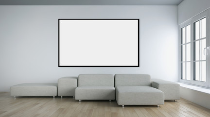 Modern bright interiors apartment with mockup poster frame 3D rendering illustration