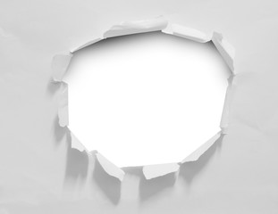 Torn hole and ripped of paper on white background with clipping path.