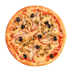 Delicious pizza with chicken, zucchini, eggplant, pepper, cheese and mushrooms on wooden rustic table. Top view. Toning