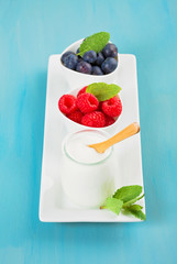 Yogurt with blueberries and raspberies - health and diet concept. Balanced healthy breakfast