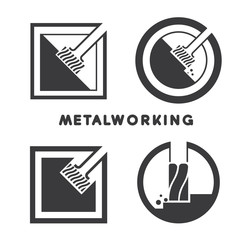 an illustration consisting of an image of the words "metal worked" and three milling cutters processing metal in the form of a symbol or logo   © akser