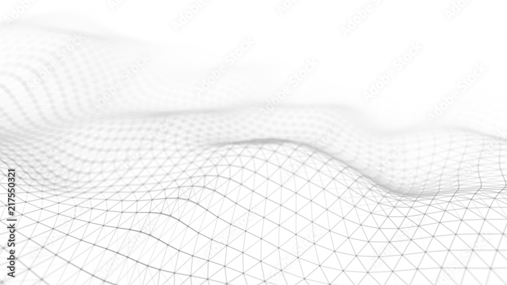 Poster Data technology illustration. Abstract white futuristic background. Wave with connecting dots and lines on dark background. Wave of particles. 3D rendering.