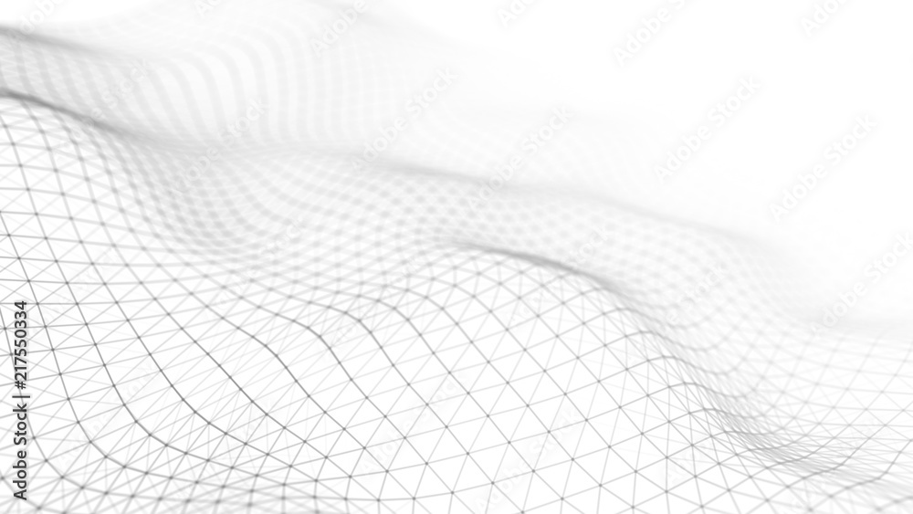 Poster Data technology illustration. Abstract white futuristic background. Wave with connecting dots and lines on dark background. Wave of particles. 3D rendering.