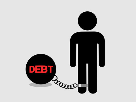 Debtor as prisoner - man is limited to move because of financial debt. Bad personal economical situation and condition. Vector illustration