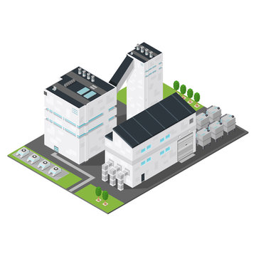 Isometric Factory Power Station.
Industrial building urban scene refinery manufacturer. 